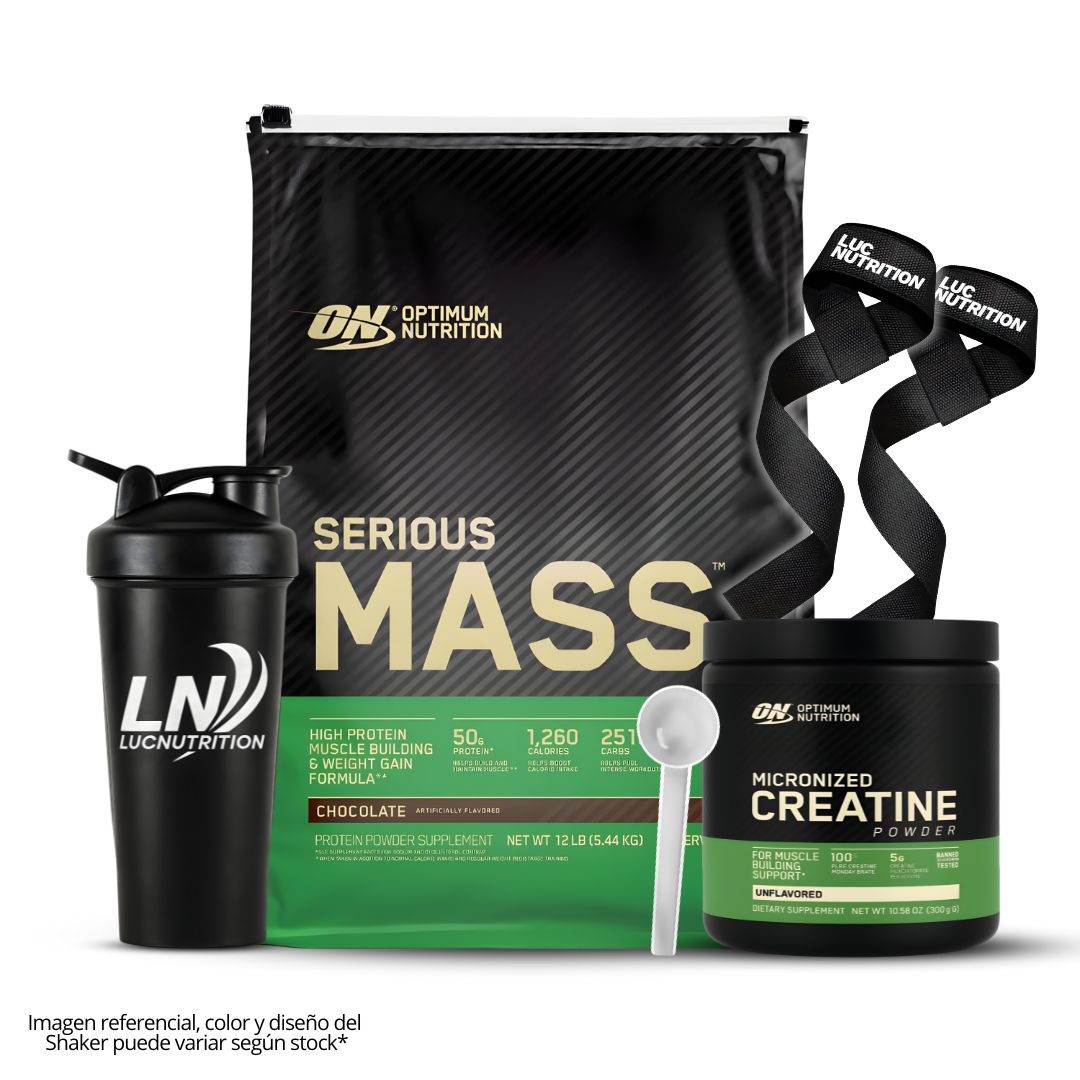 SERIOUS MASS 12 LB GANADOR DE MASA - CHOCOLATE + CREATINA OPTIMUM NUTRITION 300 G + SHAKER + STRAPS - 1