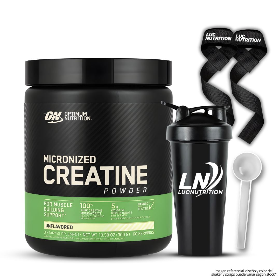 CREATINA OPTIMUM NUTRITION 300 G - CREATINA MONOHIDRATADA ON + STRAPS + SHAKER + SCOOP - 1
