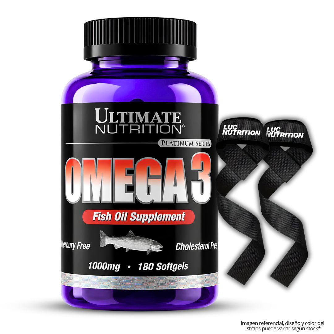OMEGA 3 ULTIMATE NUTRITION 180 CAPSULAS - FISH OIL + STRAPS - 1