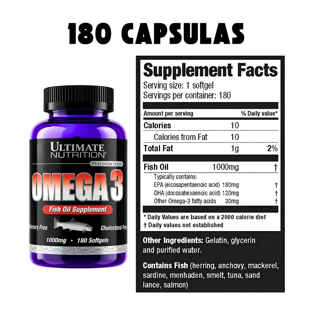 OMEGA 3 ULTIMATE NUTRITION 180 CAPSULAS - FISH OIL + STRAPS - 2