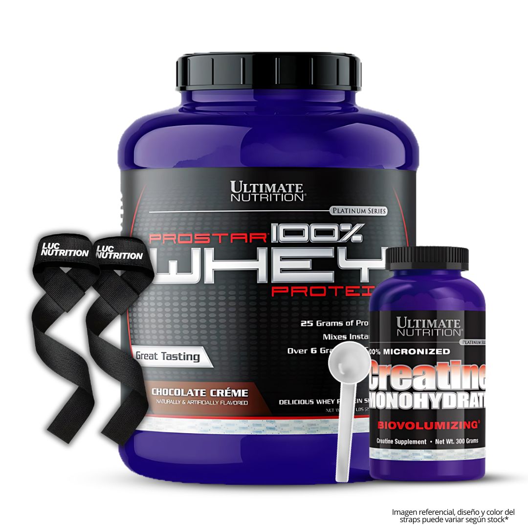 PROTEINA PROSTAR WHEY 5 LB - CHOCOLATE CREMA + CREATINA ULTIMATE NUTRITION 300 G + SCOOP + STRAPS - 1