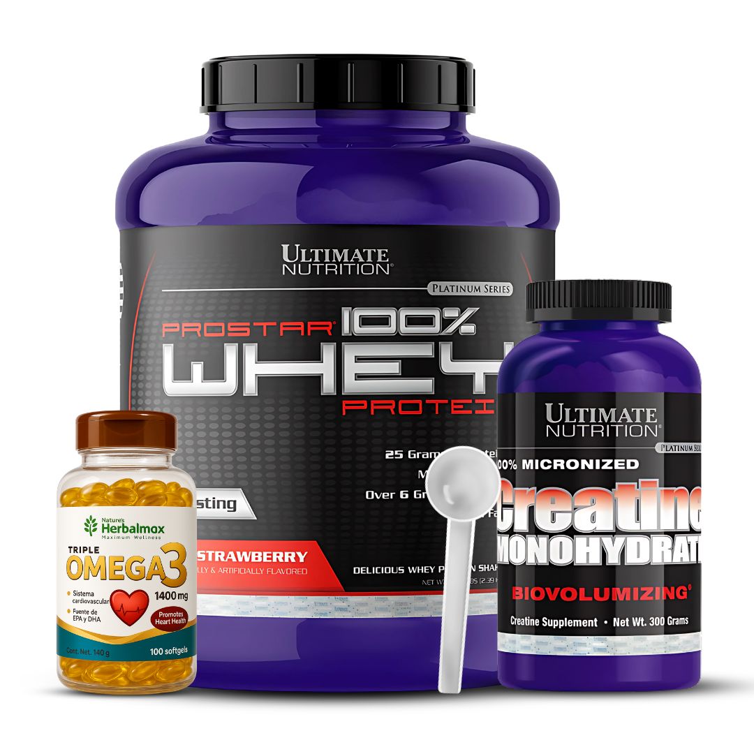 PROSTAR WHEY 5 LB STRAWBERRY + CREATINA ULTIMATE NUTRITION 300 G + OMEGA 3 HERBALMAX 100 CAP + SCOOP - 1