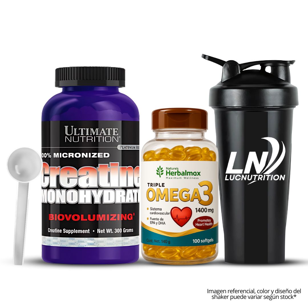 CREATINA ULTIMATE NUTRITION 300 G - MICRONIZADA + OMEGA 3 HERBALMAX 100 CAP SCOOP + SHAKER - 1