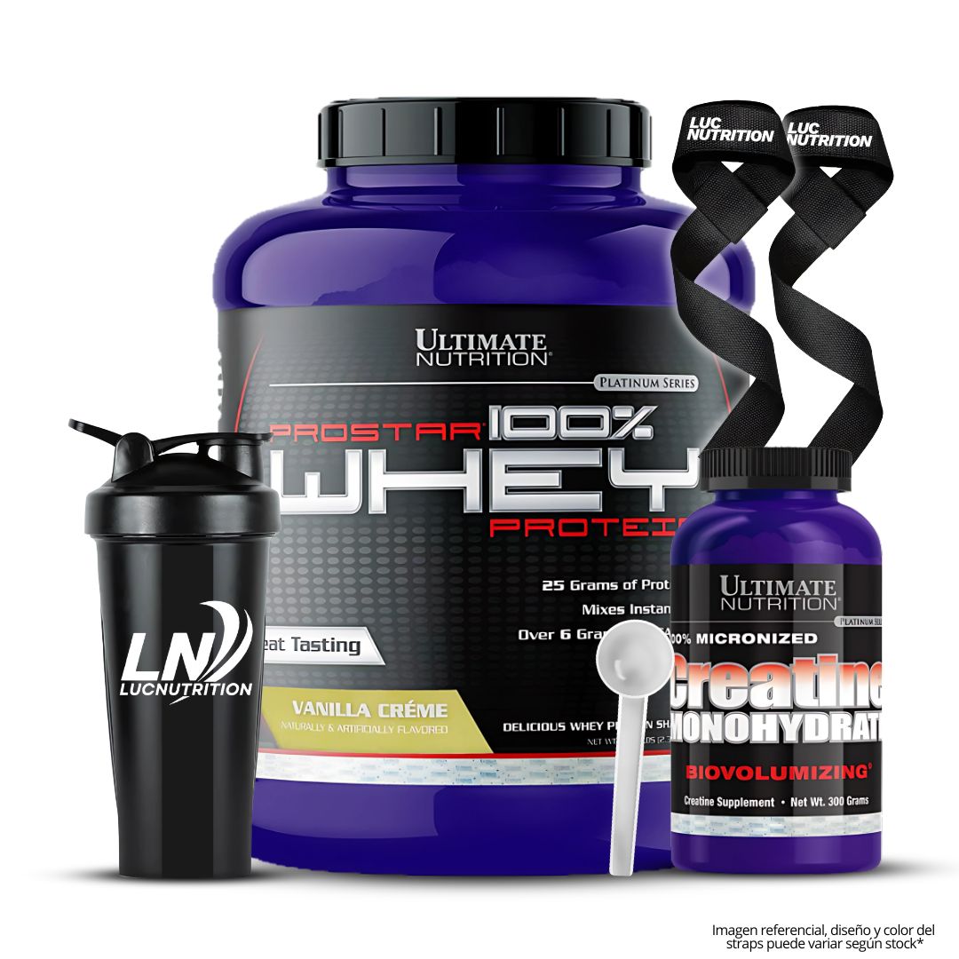 PROSTAR 100 % WHEY 5 LB - VAINILLA + CREATINA ULTIMATE NUTRITION 300 G + SHAKER + SCOOP + STRAPS - 1