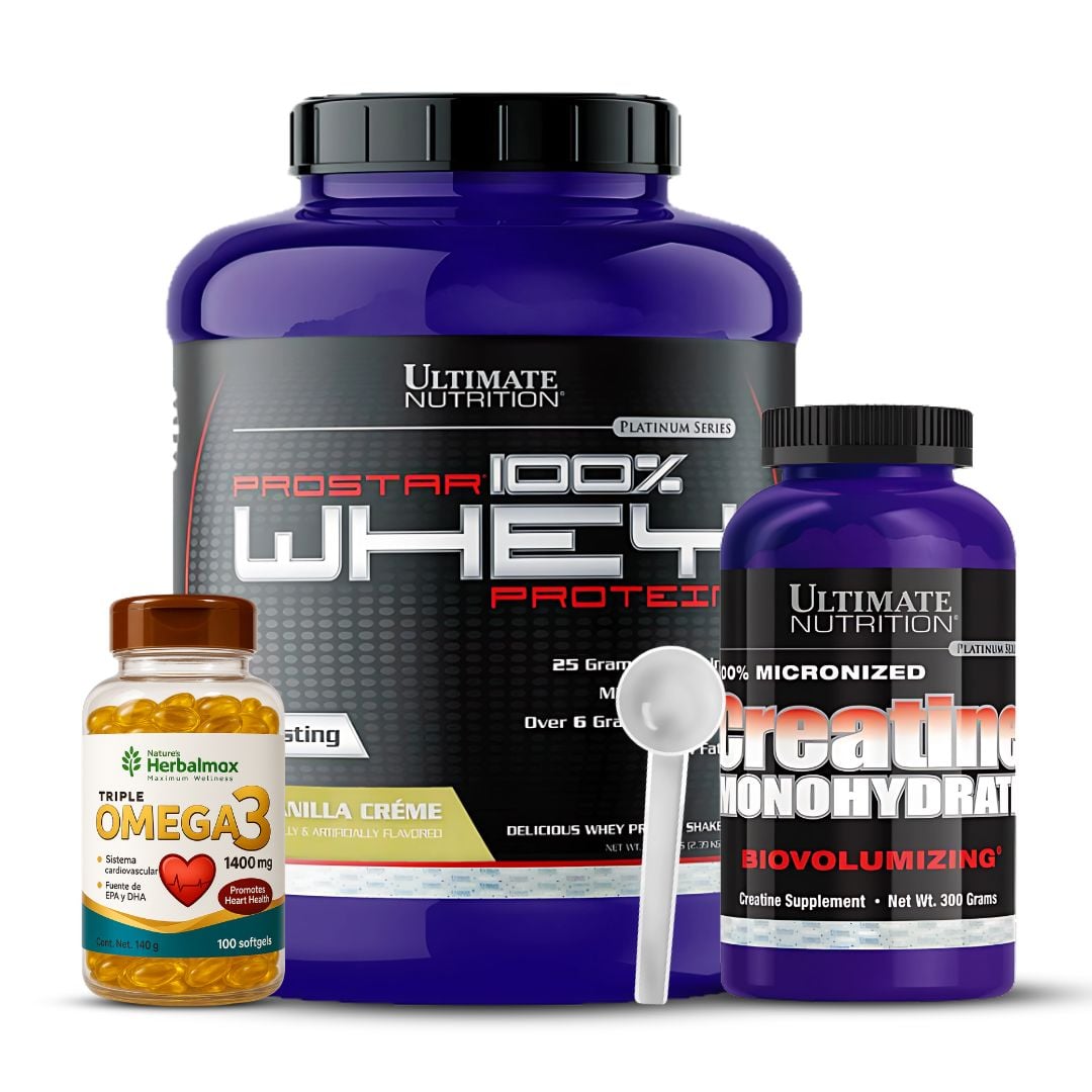 PROSTAR WHEY 5 LB CHOCOLATE + CREATINA ULTIMATE NUTRITION 300 G + OMEGA 3 HERBALMAX 100 CAP + SCOOP - 1