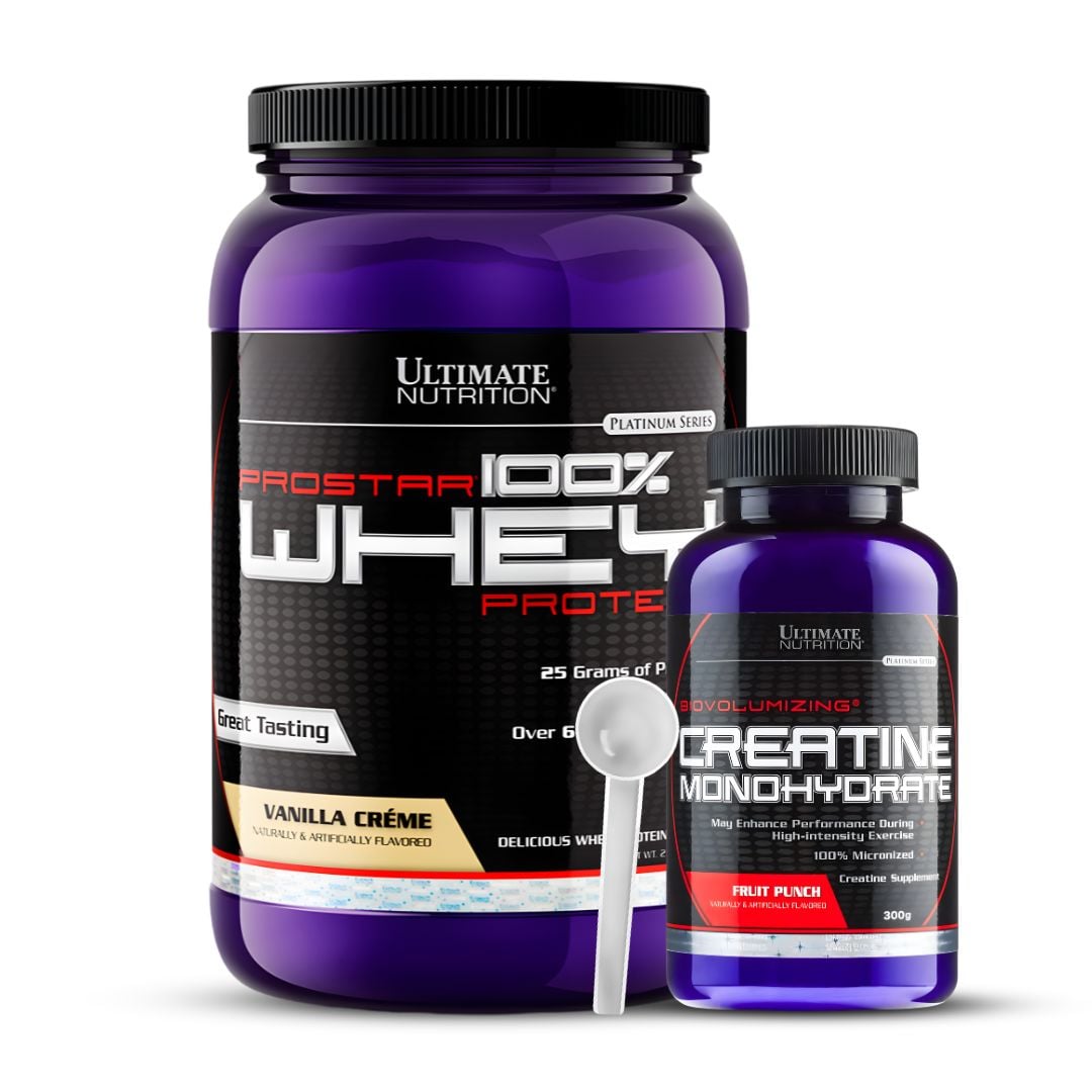 PROSTAR WHEY 2 LB - VAINILLA CREMA + CREATINA ULTIMATE NUTRITION 300 G SABORIZADA - FRUIT PUNCH + SCOOP - 1