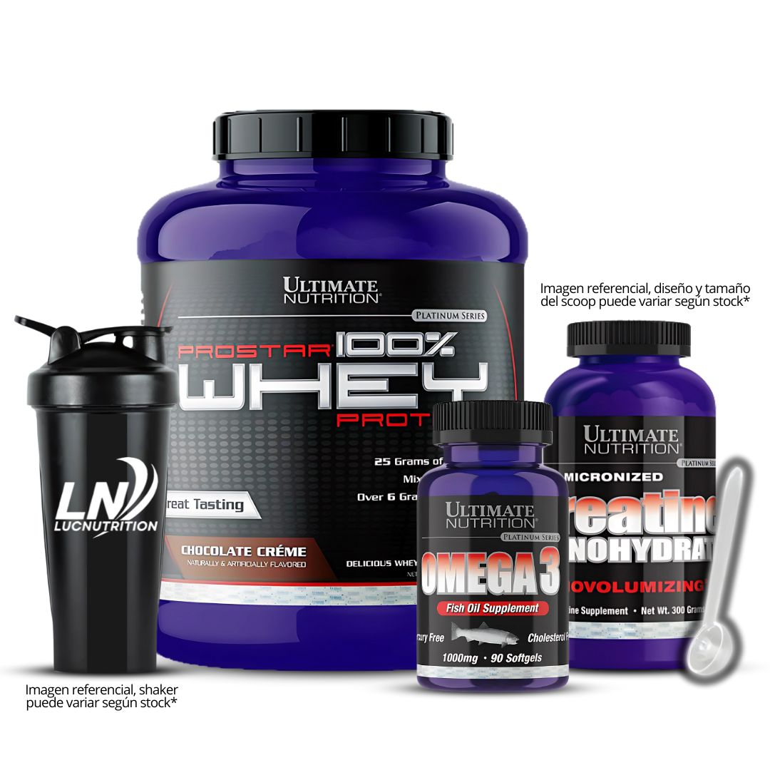 PROSTAR 5 LB CHOCOLATE + CREATINA ULTIMATE 300G + OMEGA 3 ULTIMATE 90 CAP + SHAKER - 1