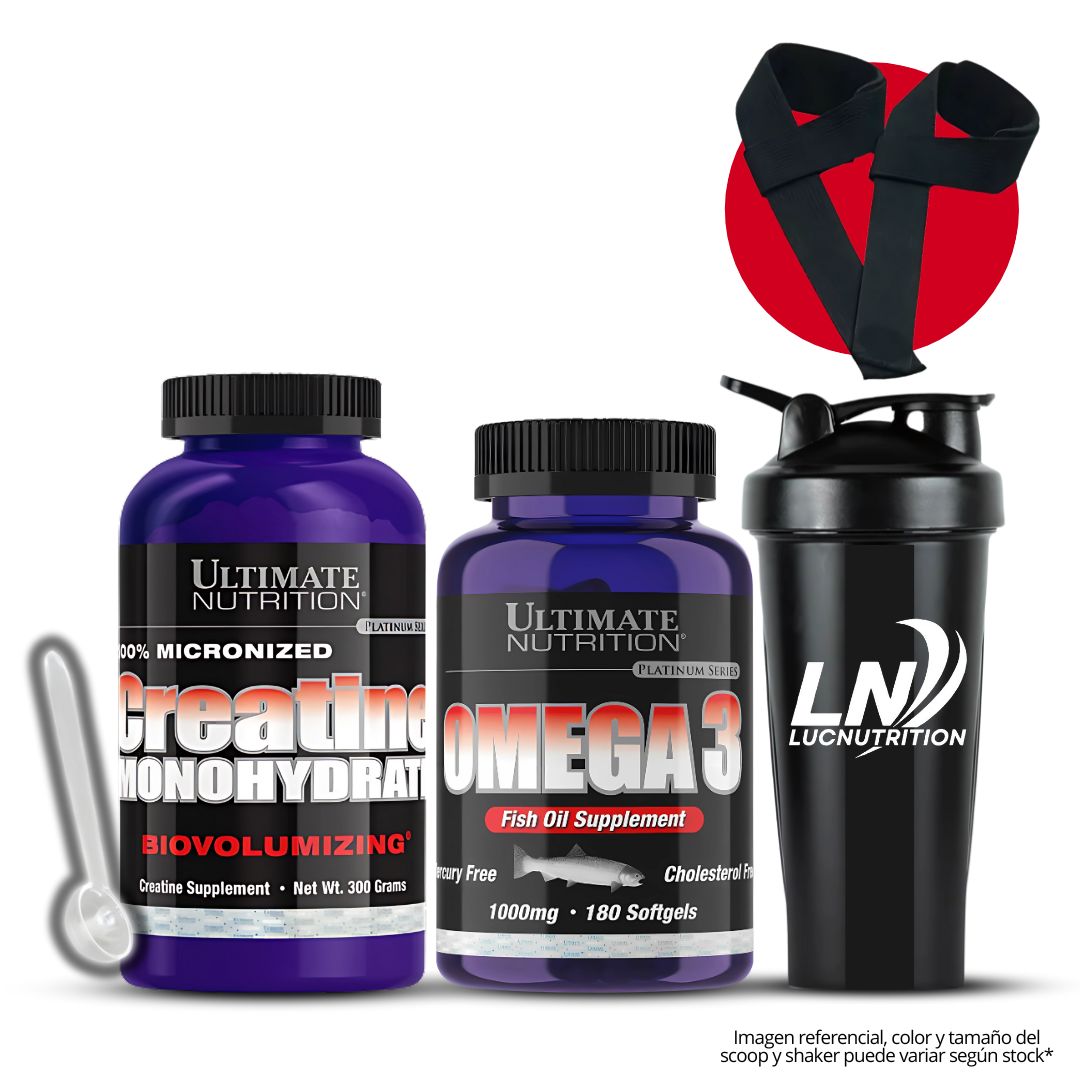 OMEGA 3 ULTIMATE NUTRITION 180 CAPSULAS + CREATINA ULTIMATE 300 G + SHAKER + STRAPS - 1