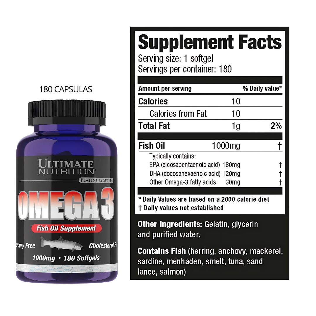 OMEGA 3 ULTIMATE NUTRITION 180 CAPSULAS + CREATINA ULTIMATE 300 G + SHAKER + STRAPS - 3