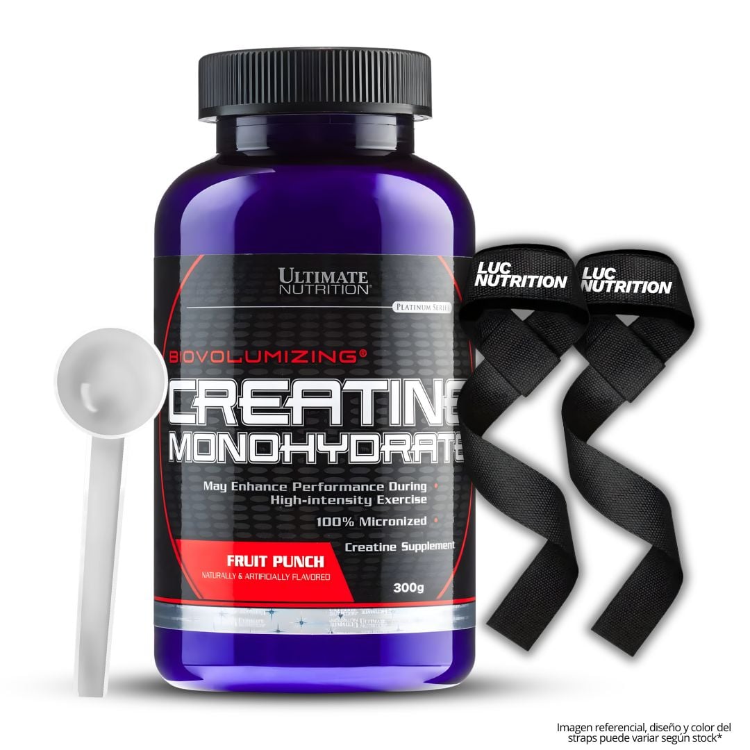 CREATINA ULTIMATE NUTRITION 300 G SABORIZADA - FRUIT PUNCH + SCOOP + STRAPS - 1