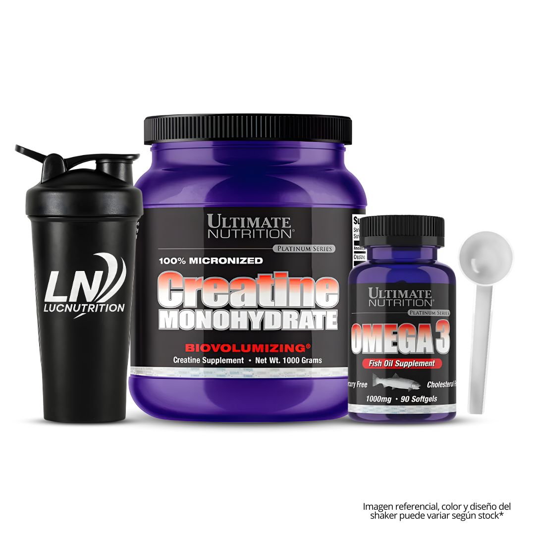 CREATINA ULTIMATE NUTRITION 1 KG + OMEGA 3 ULTIMATE NUTRITION 90 CAPSULAS - FISH OIL + SHAKER - 1