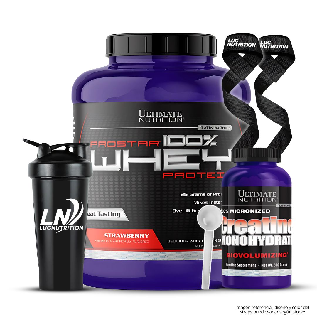 PROSTAR 100 % WHEY 5 LB - STRAWBERRY + CREATINA ULTIMATE NUTRITION 300 G + SHAKER + SCOOP + STRAPS - 1
