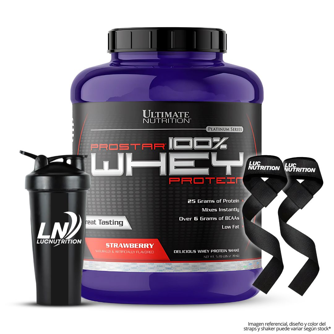 PROSTAR 100% WHEY 5 LB PROTEINA WHEY - STRAWBERRY + SHAKER + STRAPS - 1