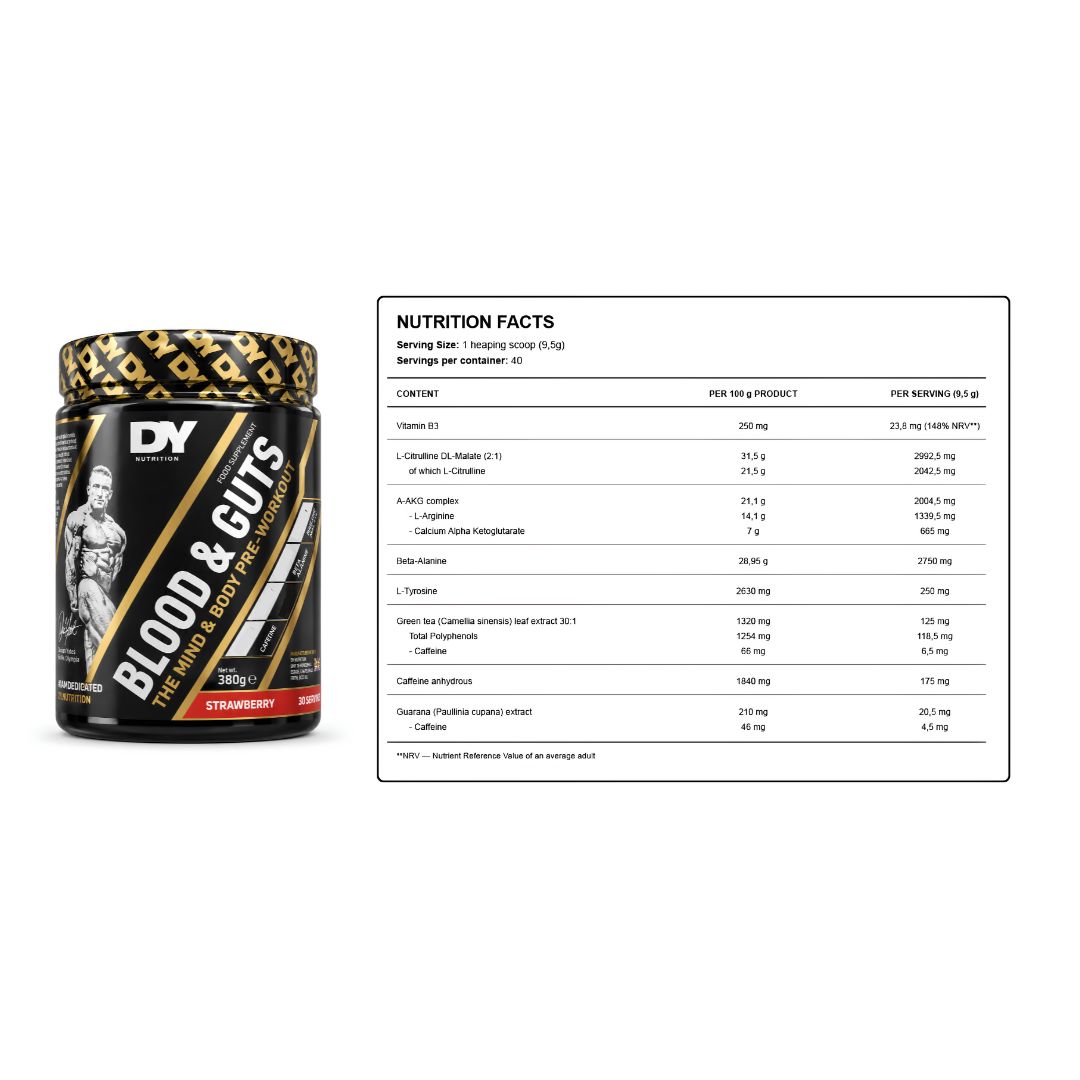 BLOOD AND GUTS 40 SERVICIOS PRE ENTRENO - STRAWBERRY + SHAKER - 3