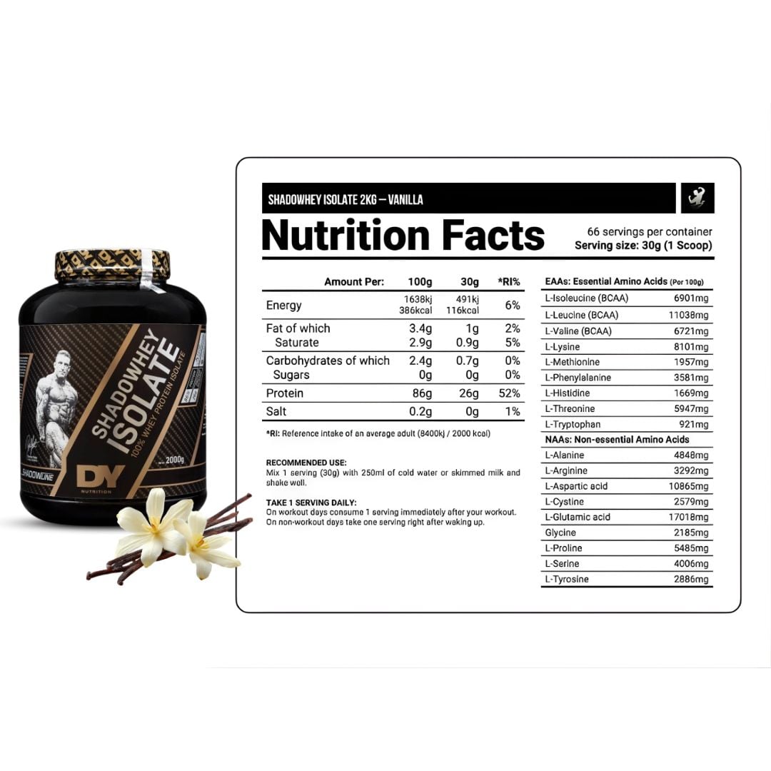 SHADOWHEY ISOLATE 2 KG PROTEINA ISOLATADA DY - VAINILLA + STRAPS + PORTAPROTEINA - 3