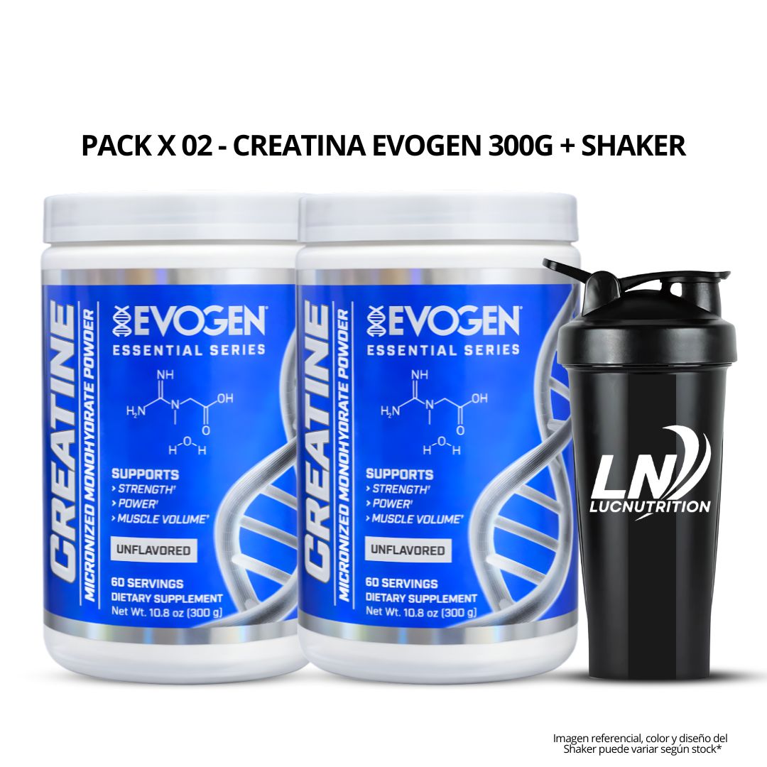 PACK X 02 - CREATINA EVOGEN 300 G - CREATINA MICRONIZADA Y MONOHIDRATADA + SHAKER - 1