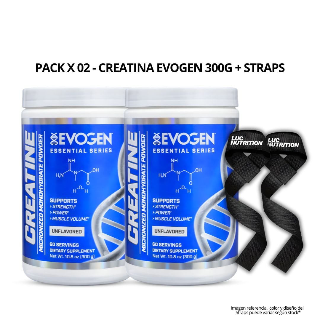 PACK X 02 - CREATINA EVOGEN 300 G - CREATINA MICRONIZADA Y MONOHIDRATADA + STRAPS - 1