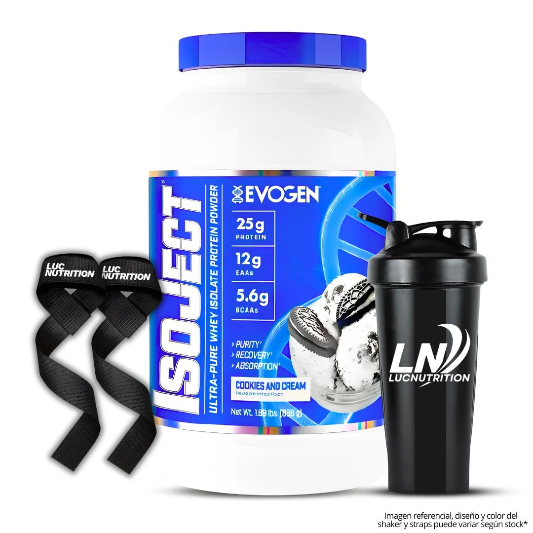 ISOJECT 26 SERV PROTEINA ISOLATADA EVOGEN - COOKIE AND CREAM + SHAKER + STRAPS - 1