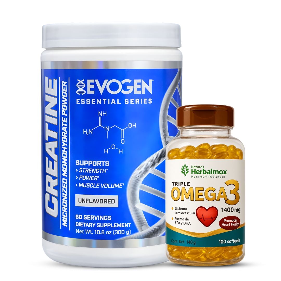 CREATINA EVOGEN 300 G - CREATINA MONOHIDRATADA Y MICRONIZADA + OMEGA 3 HERBALMAX 1400 MG - 100 CAP - 1