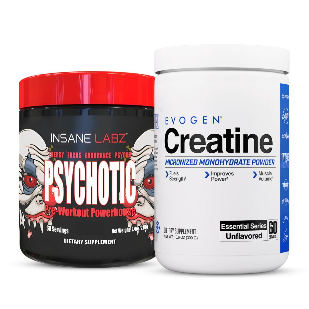 NEW CREATINA EVOGEN 300 G + PRE-ENTRENO PSYCHOTIC ROJO 30 SERVICIOS - FRUIT PUNCH - 1
