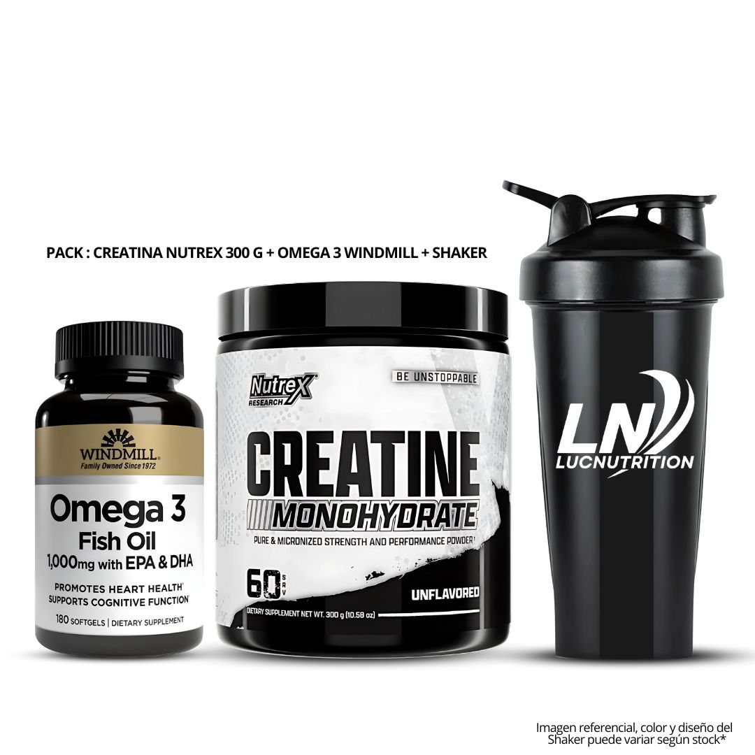 CREATINA NUTREX RESEARCH 300 G + OMEGA 3 WINDMILL - FISH OIL 1000 MG WINDMILL 180 CÁPSULAS + SHAKER - 1