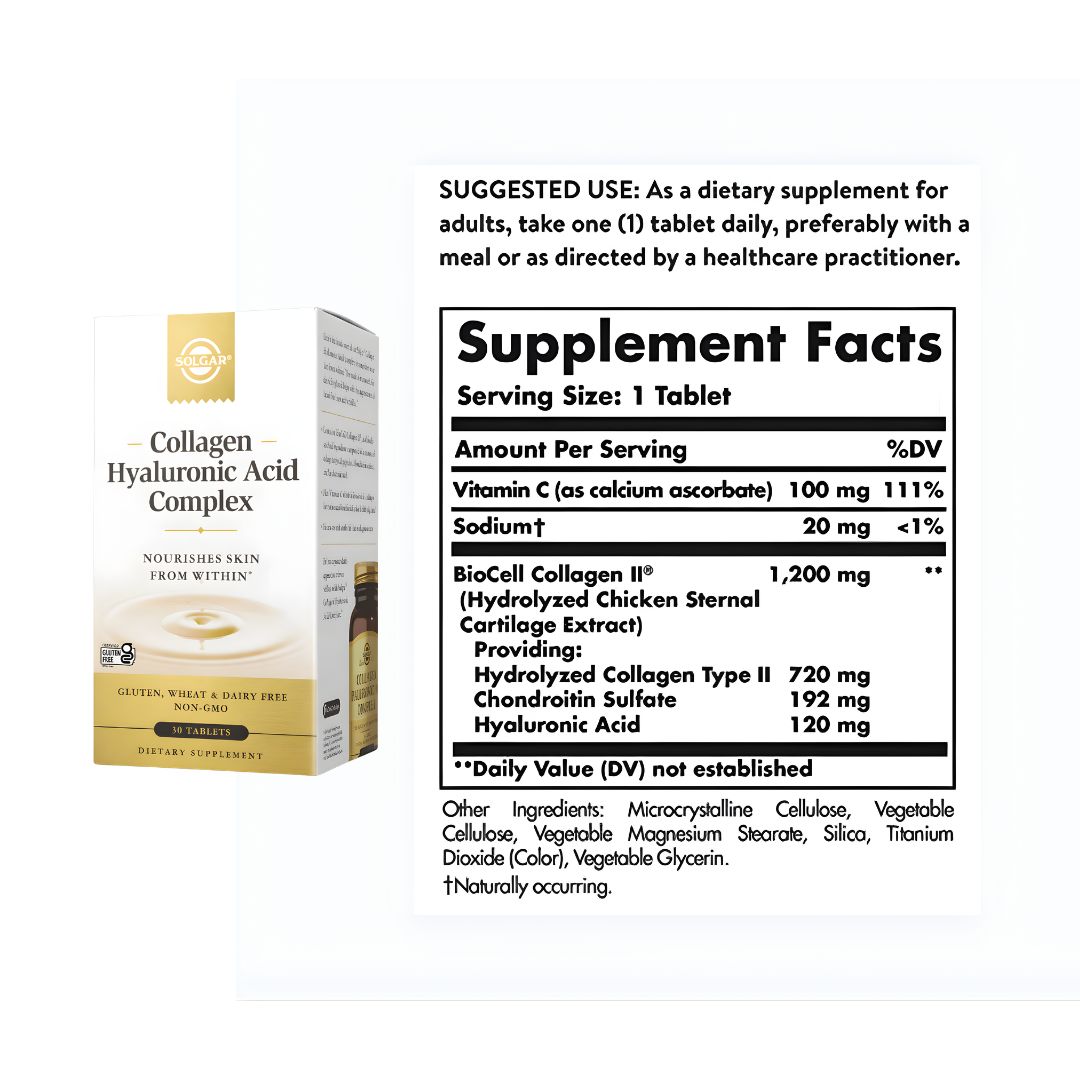 PACK X 02 - COLLAGEN HYALURONIC ACID COMPLEX SOLGAR / COLAGENO CON ACIDO HIALURONICO SOLGAR - 30 TAB - 3