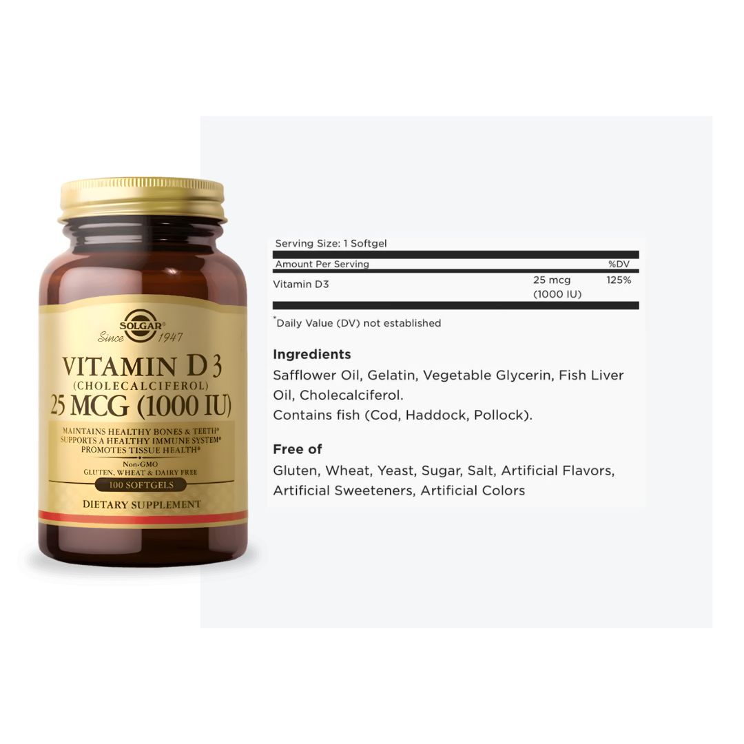PACK X 02 - VITAMINA D3 SOLGAR - 25 MCG (1000IU) 100 CÁPSULAS - 3