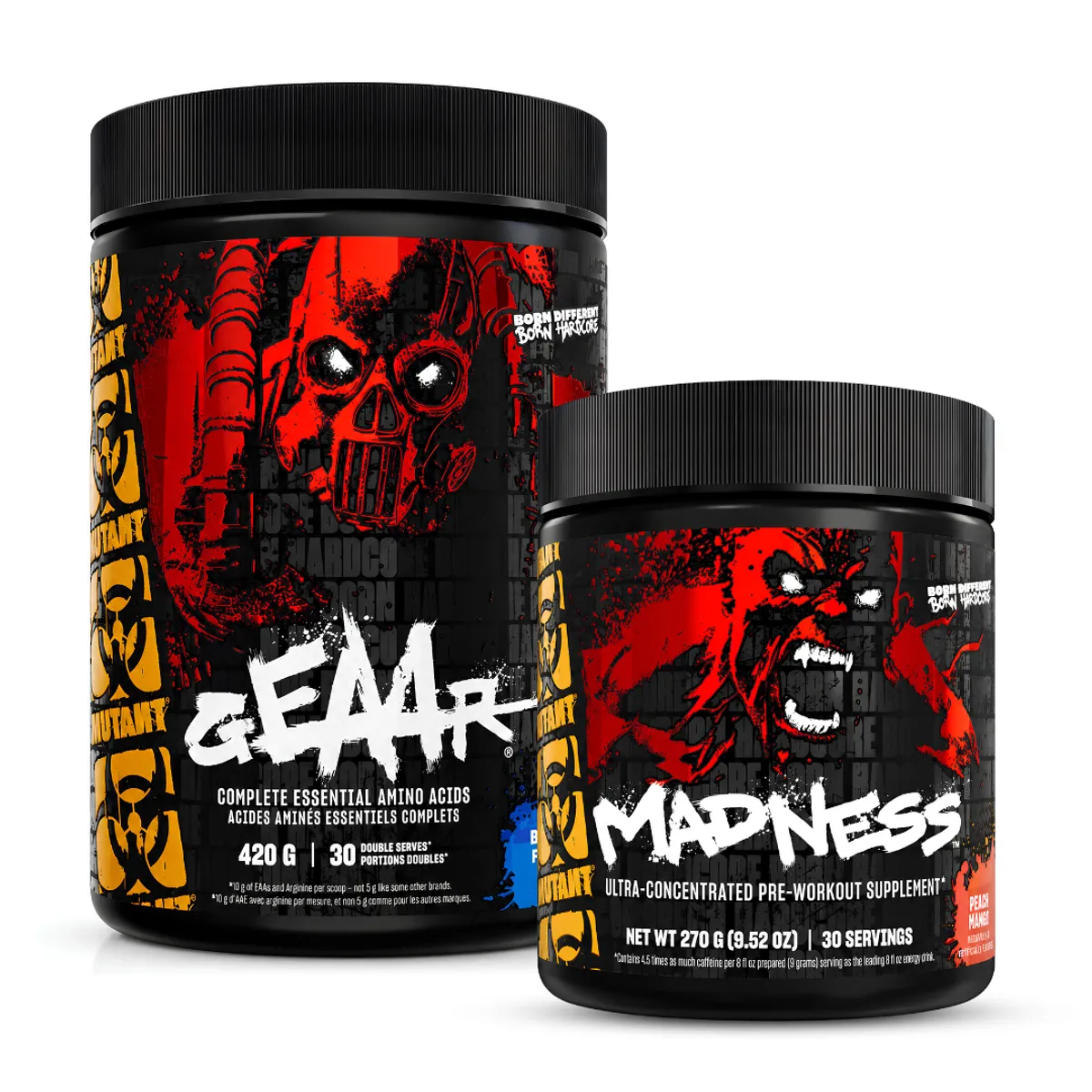 ANMINOÁCIDOS GEAAR 30 SERV 420 G - BLUE RASPBERRY + PRE-ENTRENO MADNESS 30 SERV - MANGO - 1