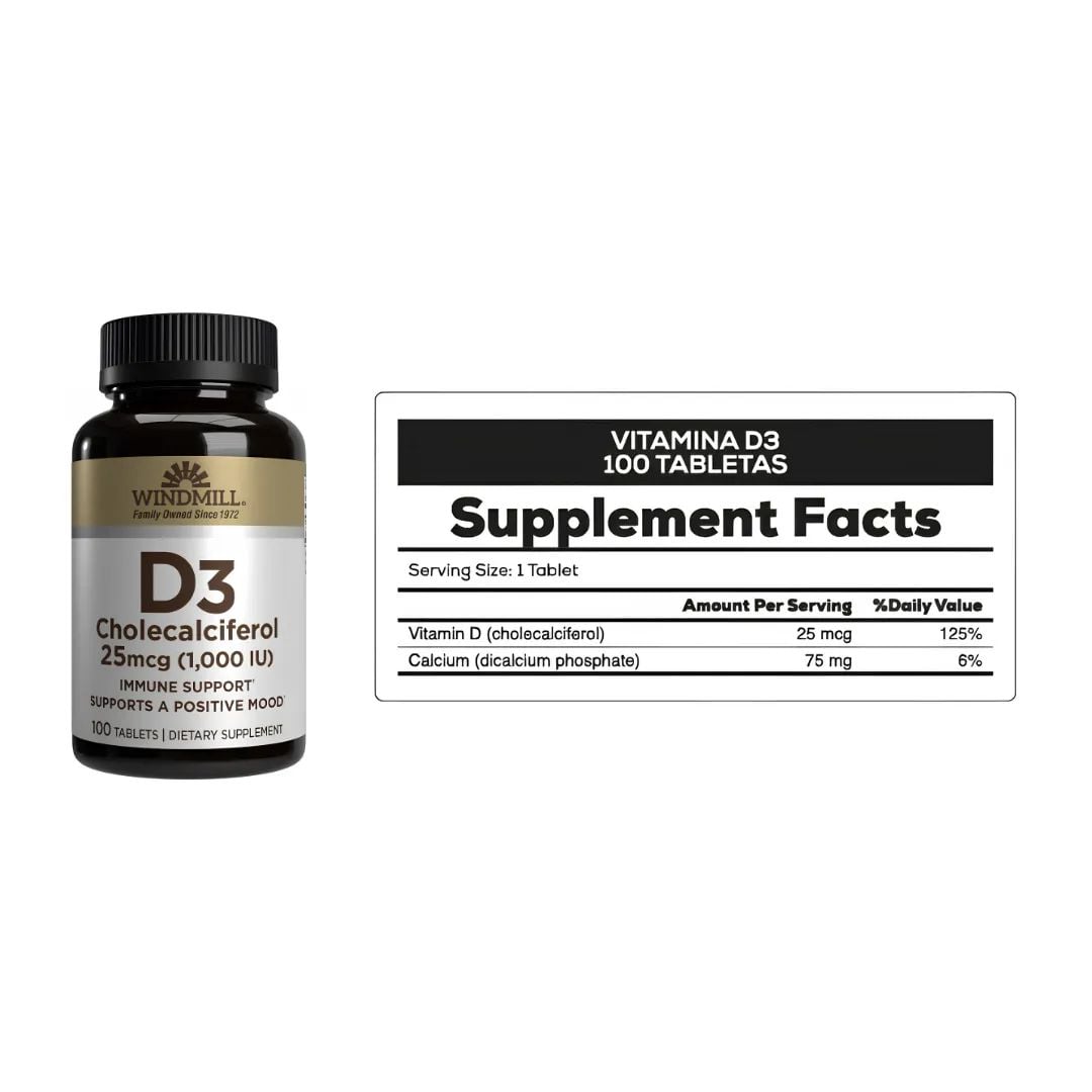 VITAMINA D3 WINDMILL 25 MCG (1000IU) - 100 TABLETAS - 2