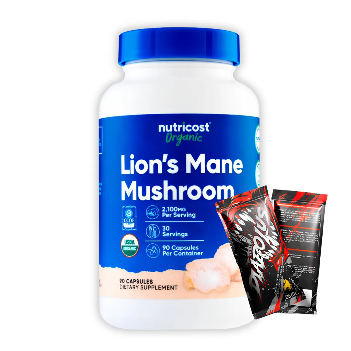 LION'S MANE MUSHROOM NUTRICOST 2100MG - MELENA DE LEON 90 CAPSULAS + 2 SACHET DIABOLUS - 1