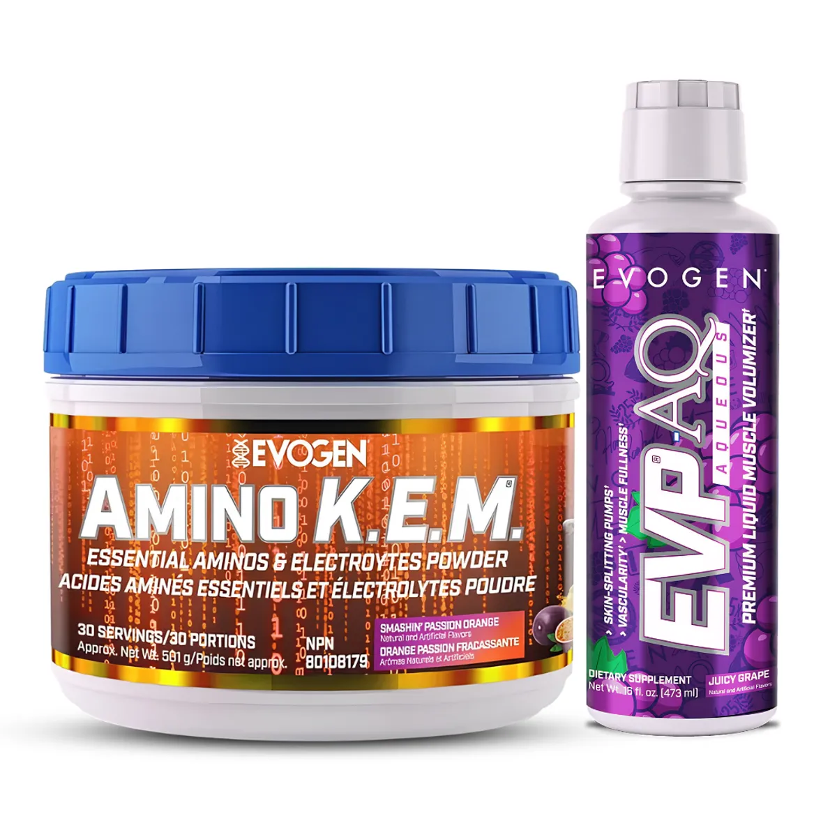 AMINO K.E.M 30 SERV - ORANGE PASSION + EVP-AQ EVOGEN GLICEROL LIQUIDO 32 SERV - GRAPE - 1