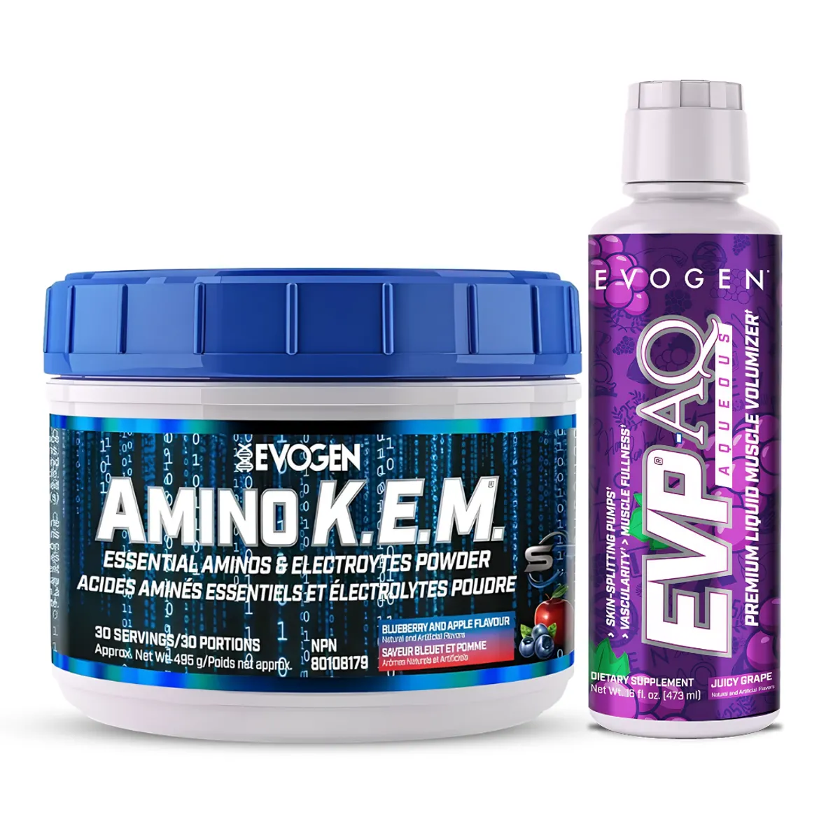 AMINO K.E.M 30 SERV - BLUEBERRY AND APPLE + EVP-AQ EVOGEN GLICEROL LIQUIDO 32 SERV - GRAPE - 1