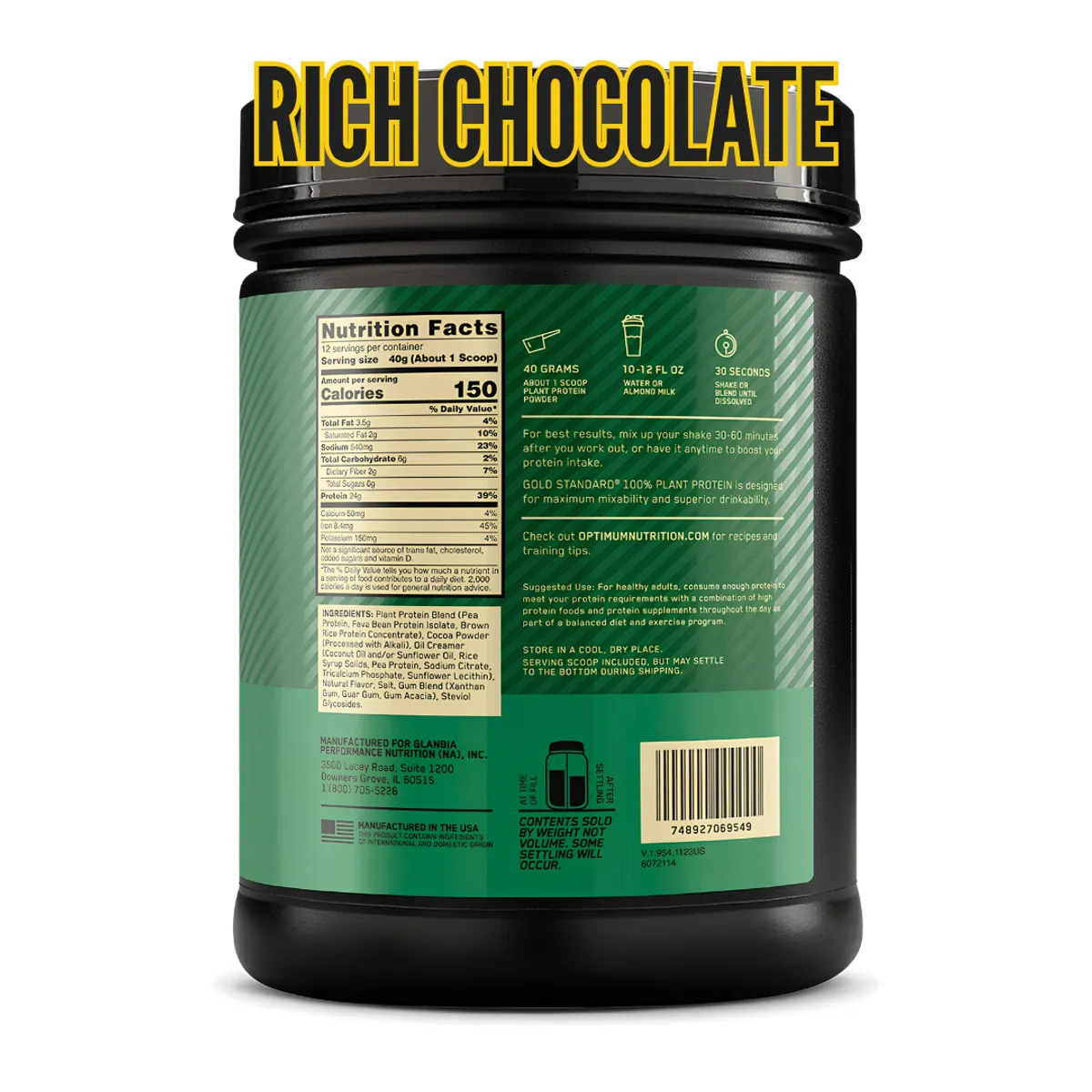 PACK X 02 - PROTEÍNA VEGANA GOLD STANDARD 100% PLANT PROTEIN 12 SERV - RICH CHOCOLATE FUDGE - 2