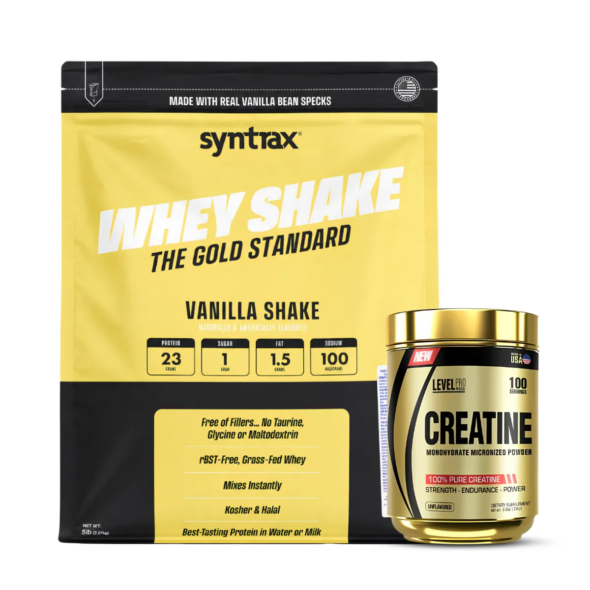 PROTEINA WHEY SHAKE 5 LB SYNTRAX - VAINILLA SHAKE + CREATINA LEVEL PRO 250 G - 1