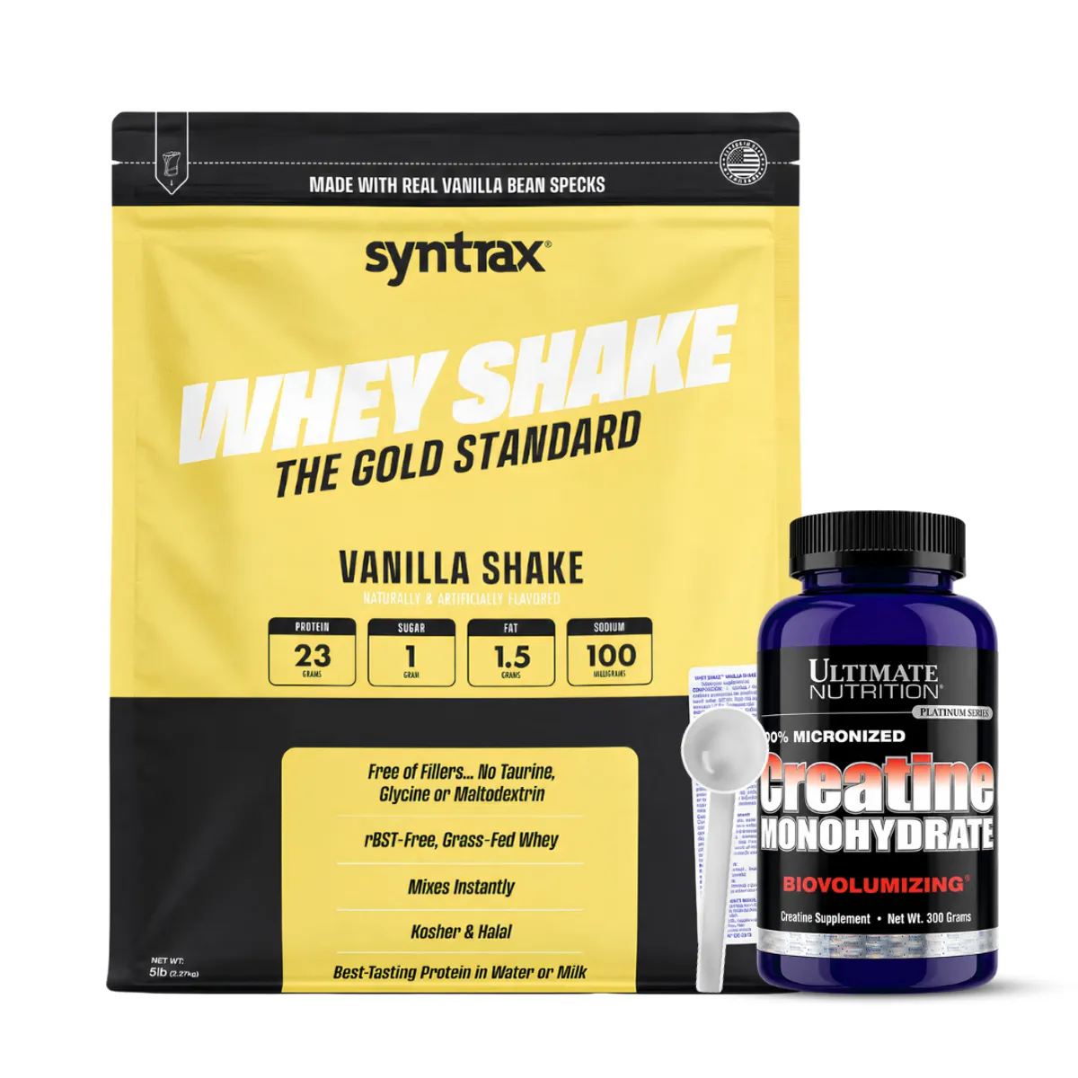 PROTEINA WHEY SHAKE 5 LB SYNTRAX - VAINILLA SHAKE + CREATINA ULTIMATE NUTRITION 300 G + SCOOP - 1