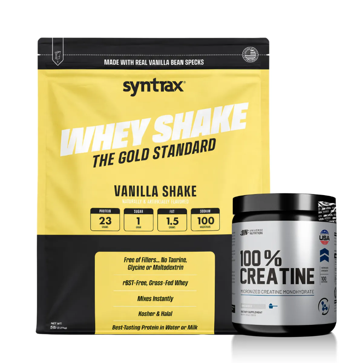 PROTEINA WHEY SHAKE 5 LB SYNTRAX - VAINILLA SHAKE + CREATINA UNIVERSE NUTRITION 250 G - 1