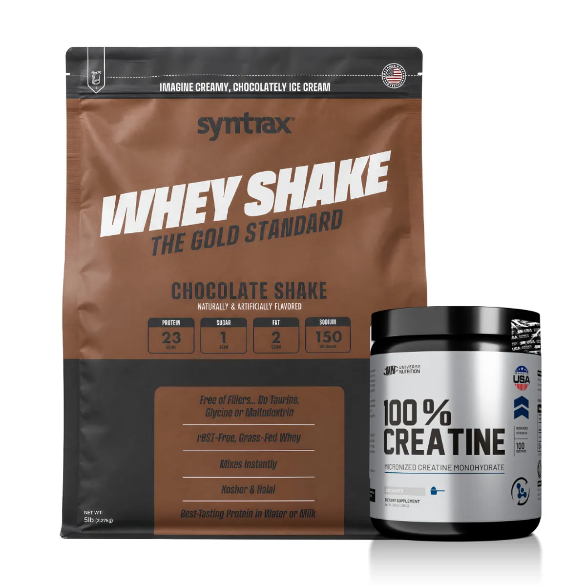PROTEINA WHEY SHAKE 5 LB SYNTRAX - CHOCOLATE SHAKE + CREATINA UNIVERSE NUTRITION 250 G - 1