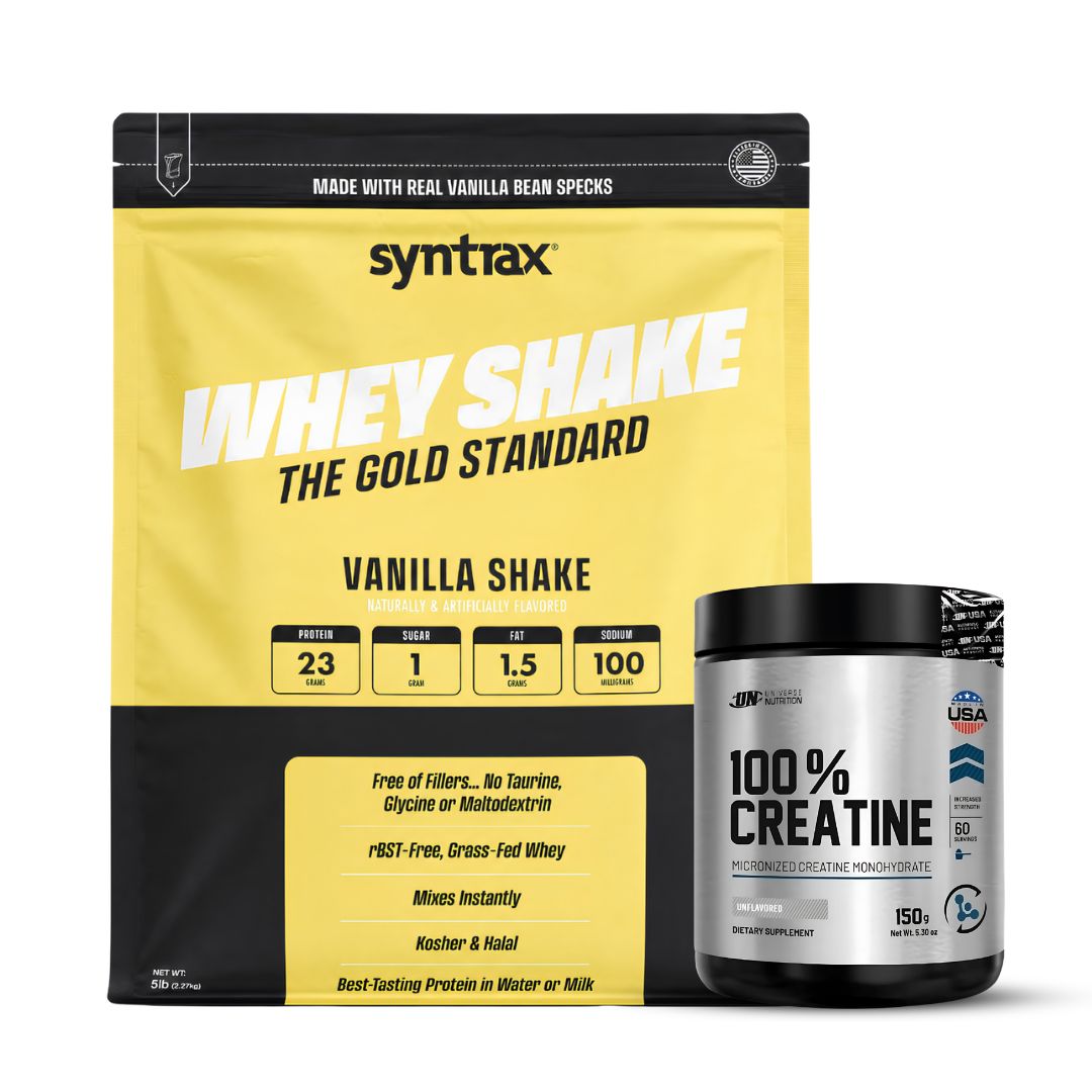 PROTEINA WHEY SHAKE 5 LB SYNTRAX - VAINILLA SHAKE + CREATINA UNIVERSE NUTRITION 150 G - 1