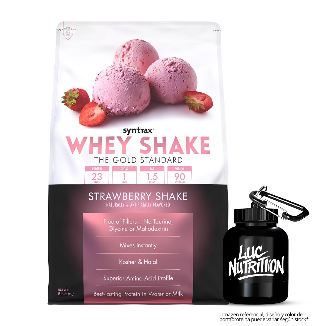 PROTEINA WHEY SHAKE 5 LB SYNTRAX - STRAWBERRY SHAKE + PORTAPROTEINA - 1