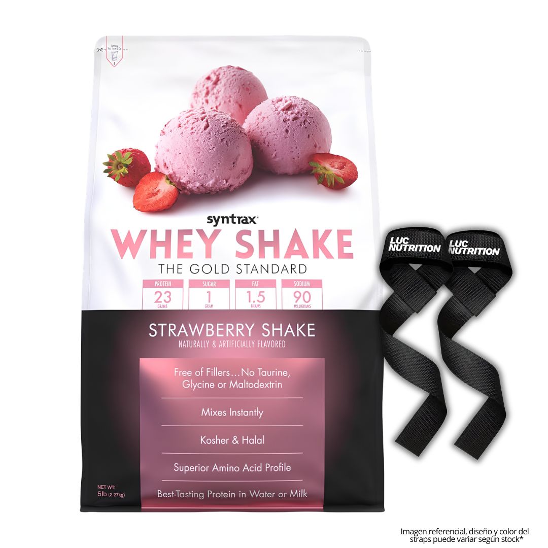 PROTEINA WHEY SHAKE 5 LB SYNTRAX - STRAWBERRY SHAKE + STRAPS - 1