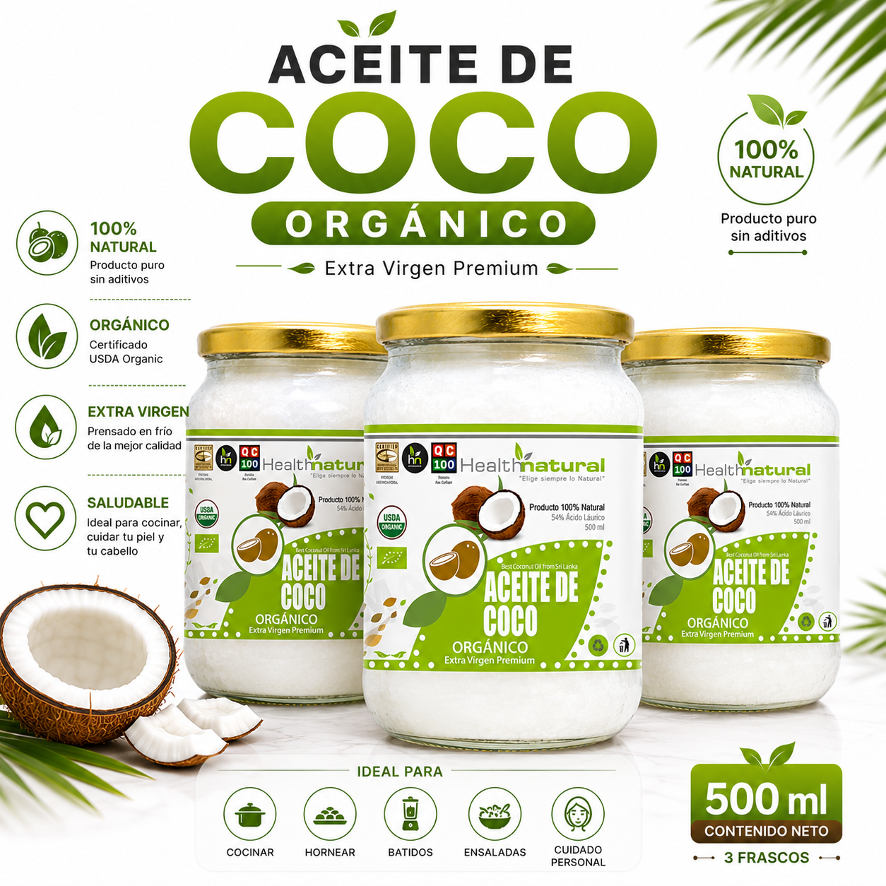 PACK 3 ACEITE DE COCO ORGÁNICO HEALTHNATURAL 1500ML - 1