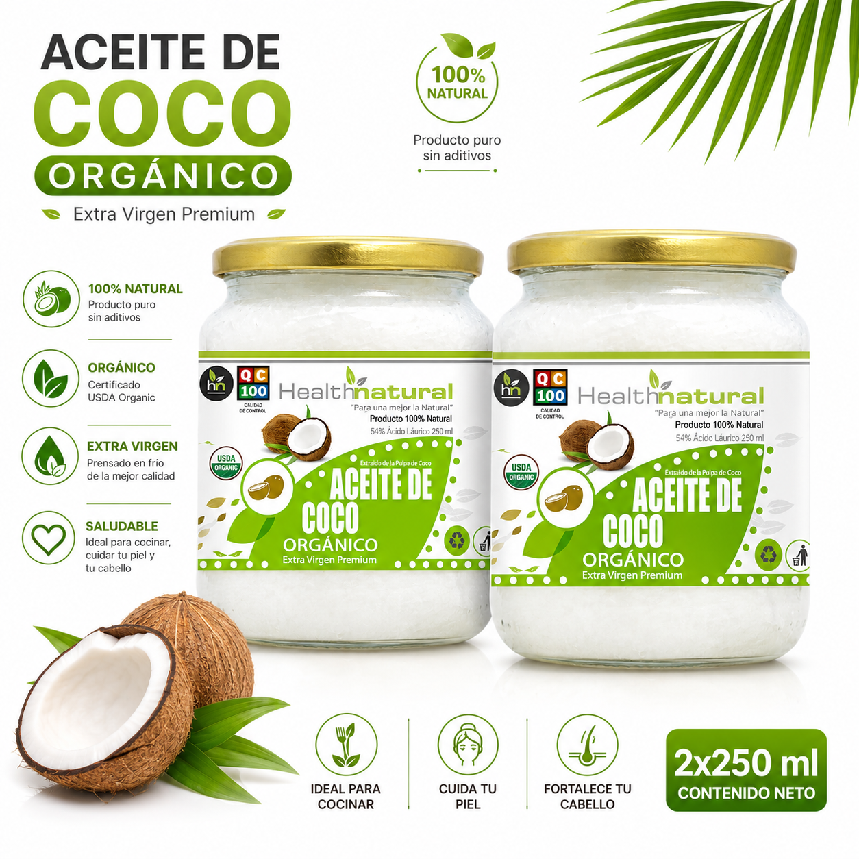PACK 2 ACEITE DE COCO ORGÁNICO HEALTHNATURAL 500ML - 1