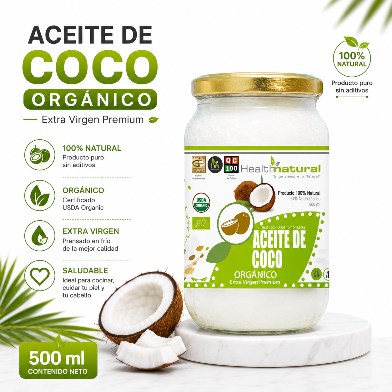 ACEITE DE COCO ORGÁNICO HEALTHNATURAL 500ML - 1