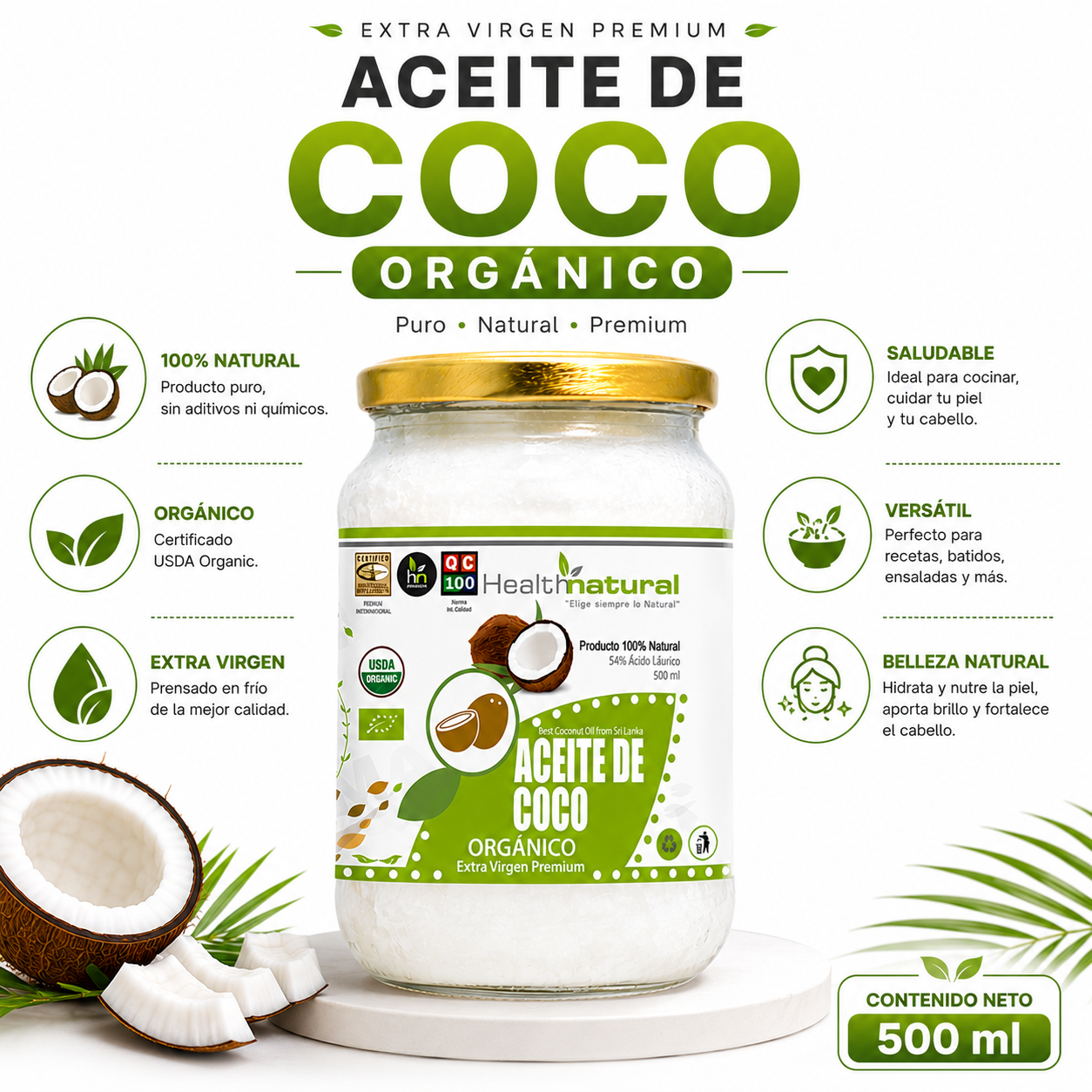 ACEITE DE COCO ORGÁNICO HEALTHNATURAL 500ML - 2