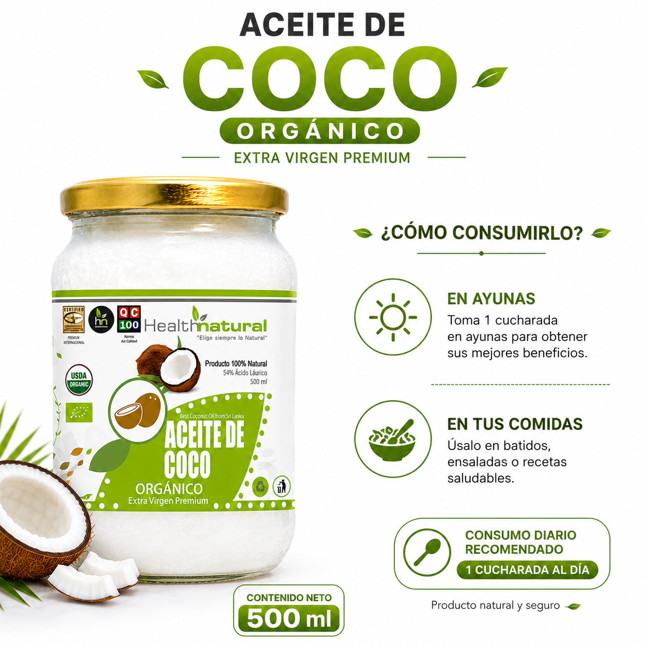 ACEITE DE COCO ORGÁNICO HEALTHNATURAL 500ML - 3