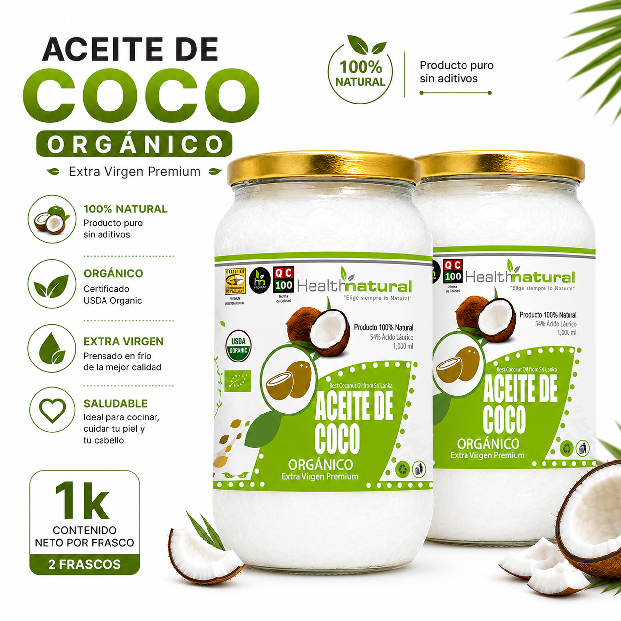 PACK 2 ACEITE DE COCO ORGÁNICO HEALTHNATURAL 2000ML - 1