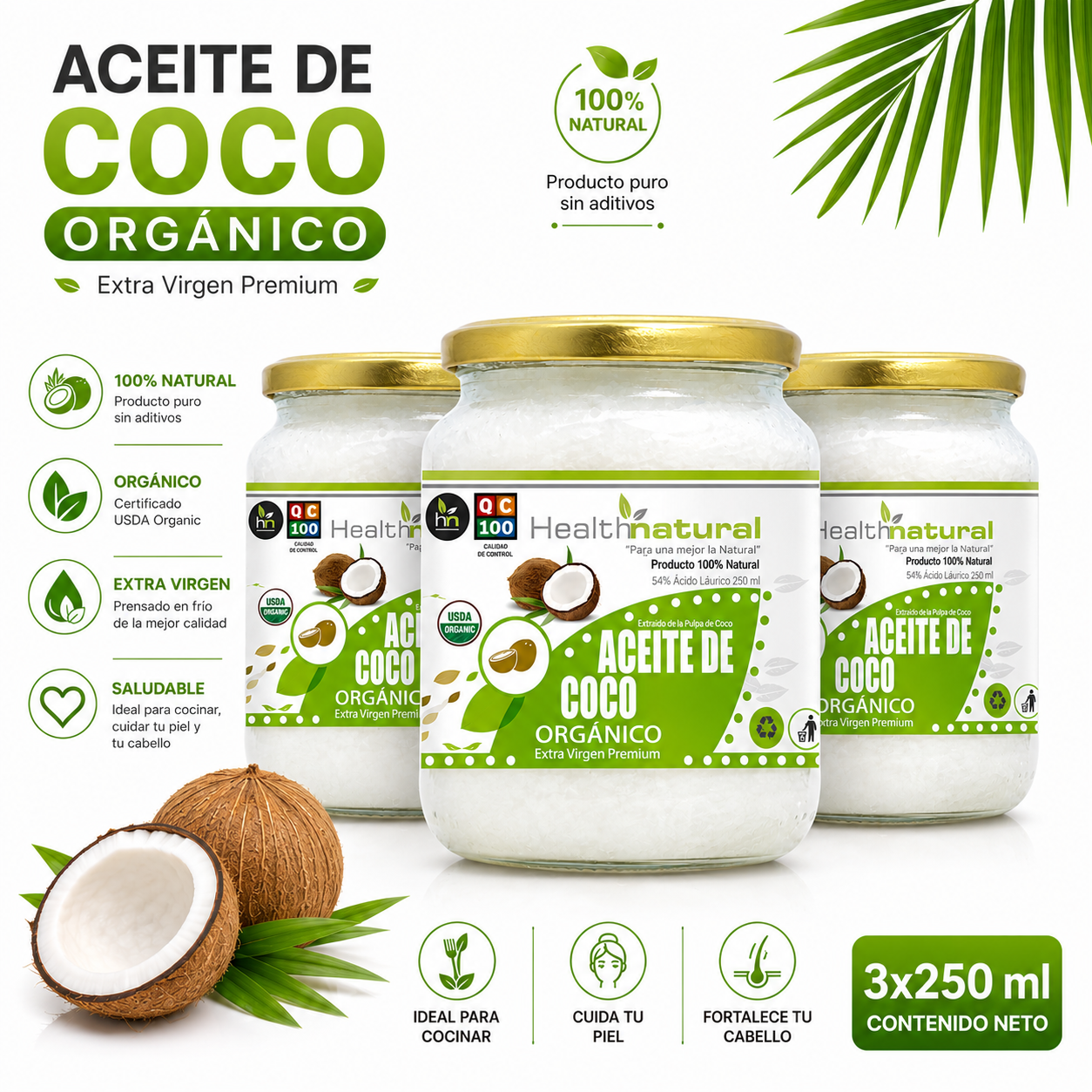PACK 3 ACEITE DE COCO ORGÁNICO HEALTHNATURAL 750ML - 1