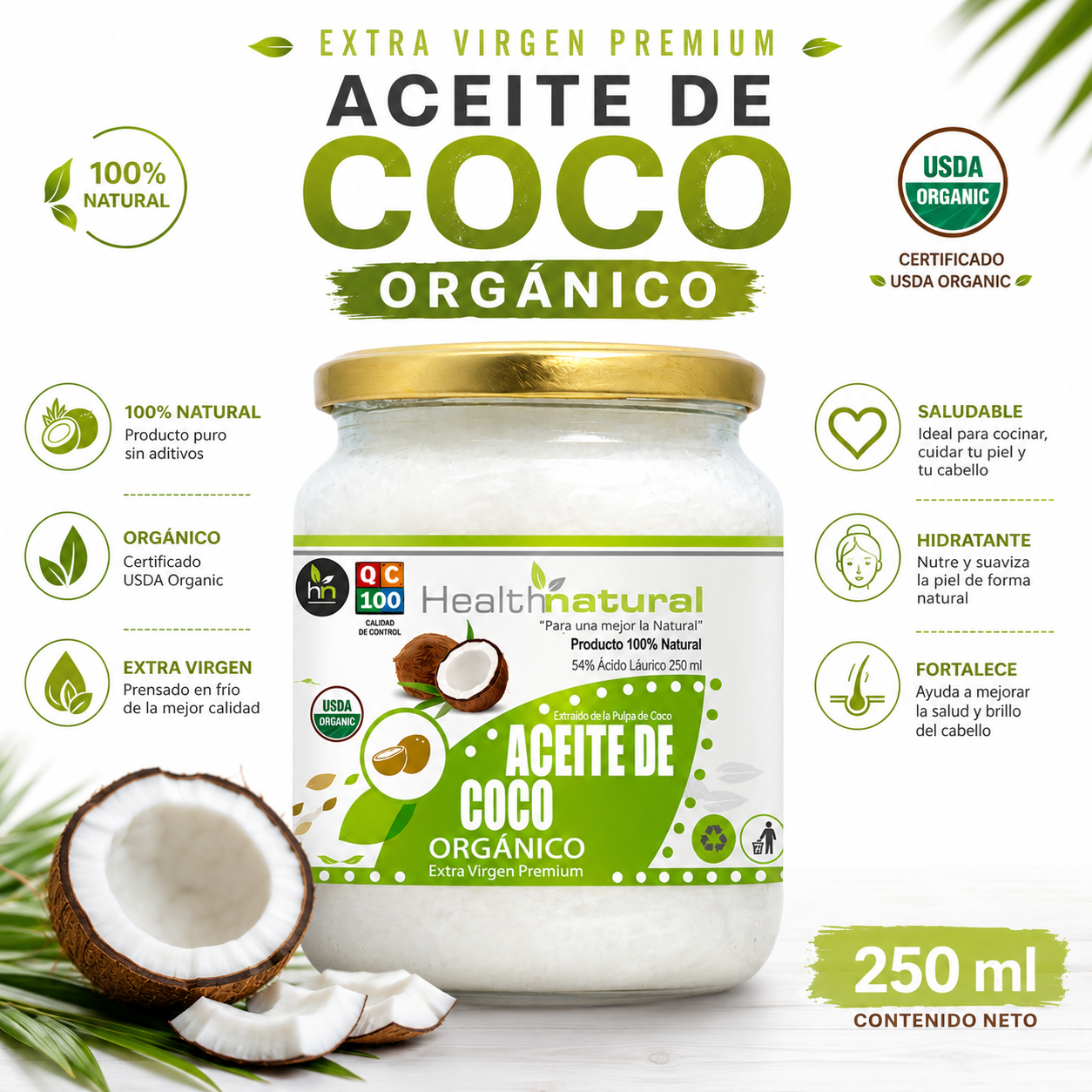 PACK 3 ACEITE DE COCO ORGÁNICO HEALTHNATURAL 750ML - 2
