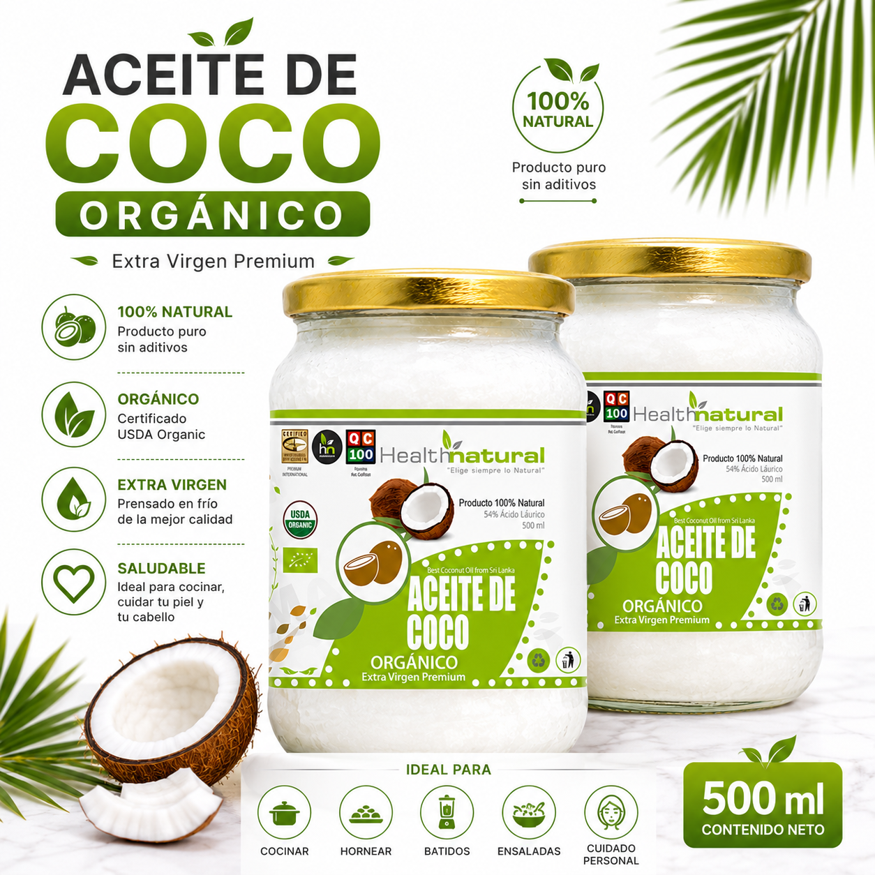 PACK 2 ACEITE DE COCO ORGÁNICO HEALTHNATURAL 1000ML - 1
