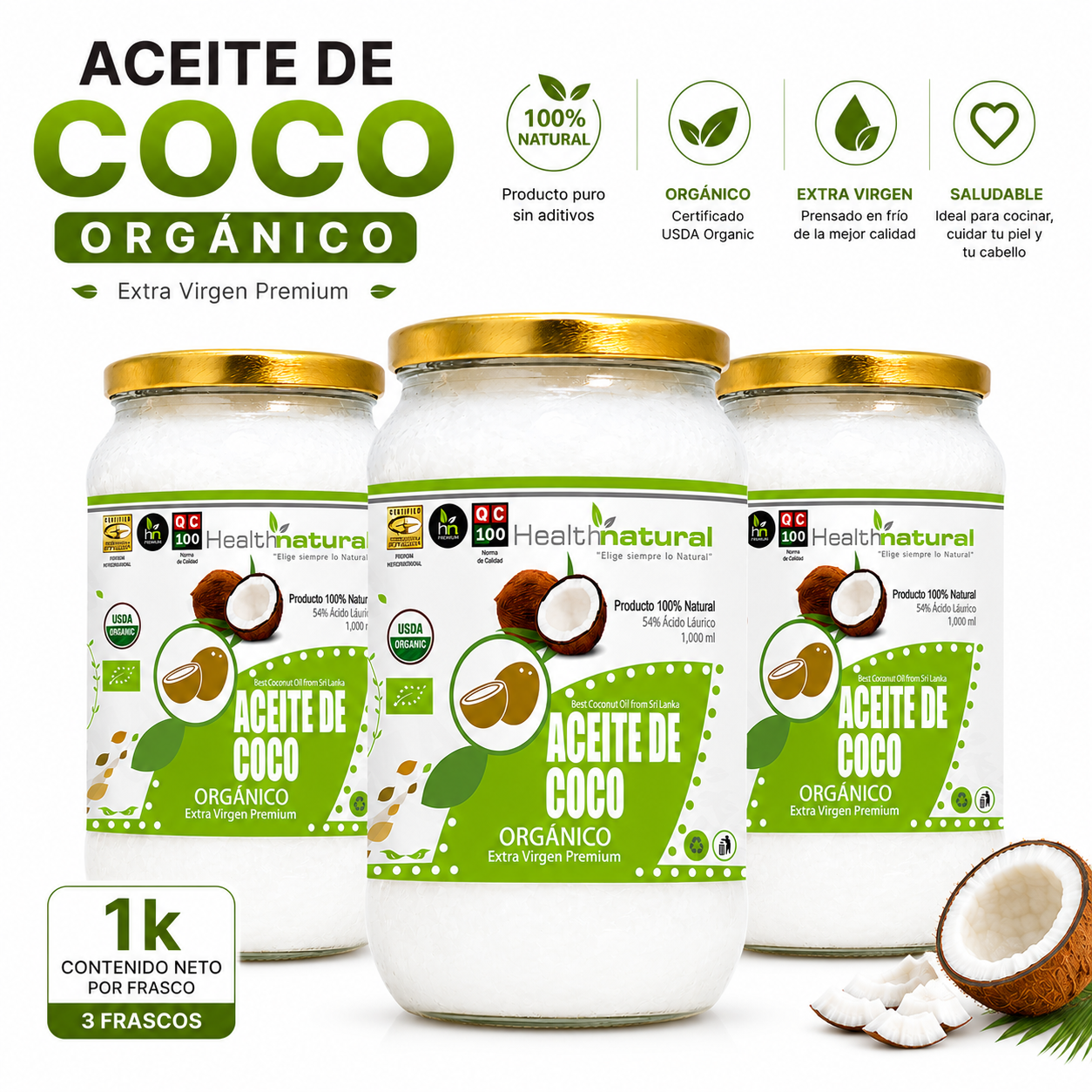 PACK 3 ACEITE DE COCO ORGÁNICO HEALTHNATURAL 3000ML - 1